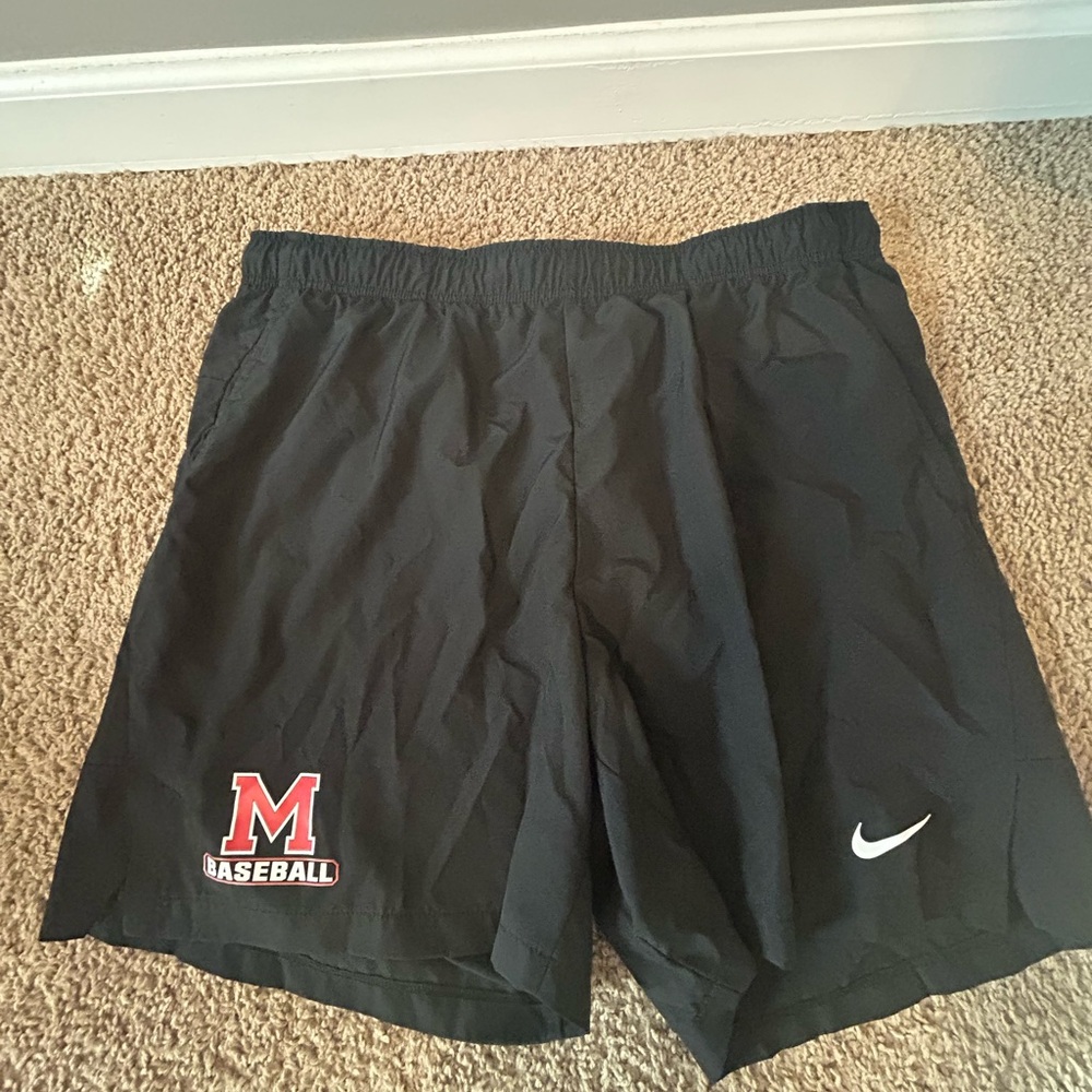 Nike Black Athletic Baseball Practice Shorts with Red M Logo